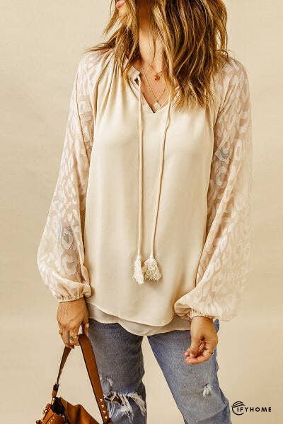 Leopard Tie Neck Balloon Sleeve Blouse | IFYHOME