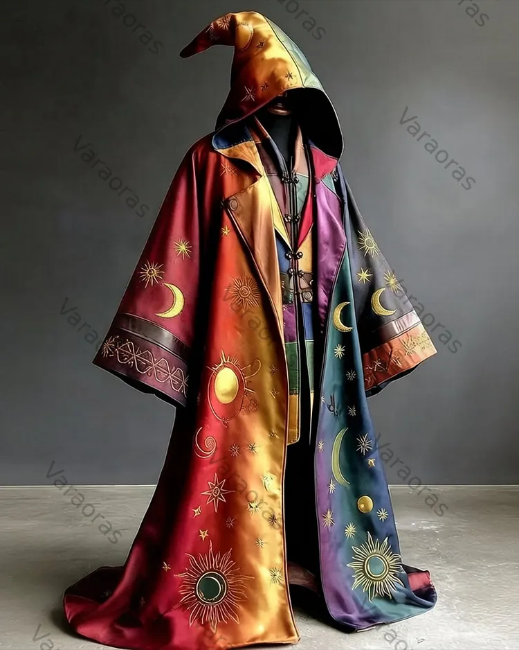 Men's Summer Star and Moon Embroidered Satin Long-Sleeve Hooded Cape 6919