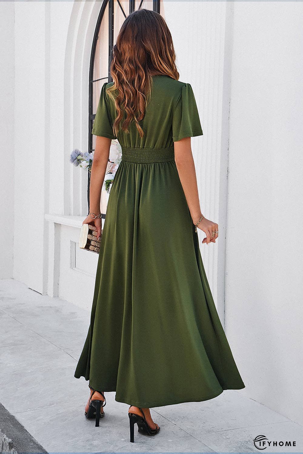 Slit V-Neck Short Sleeve Dress | IFYHOME