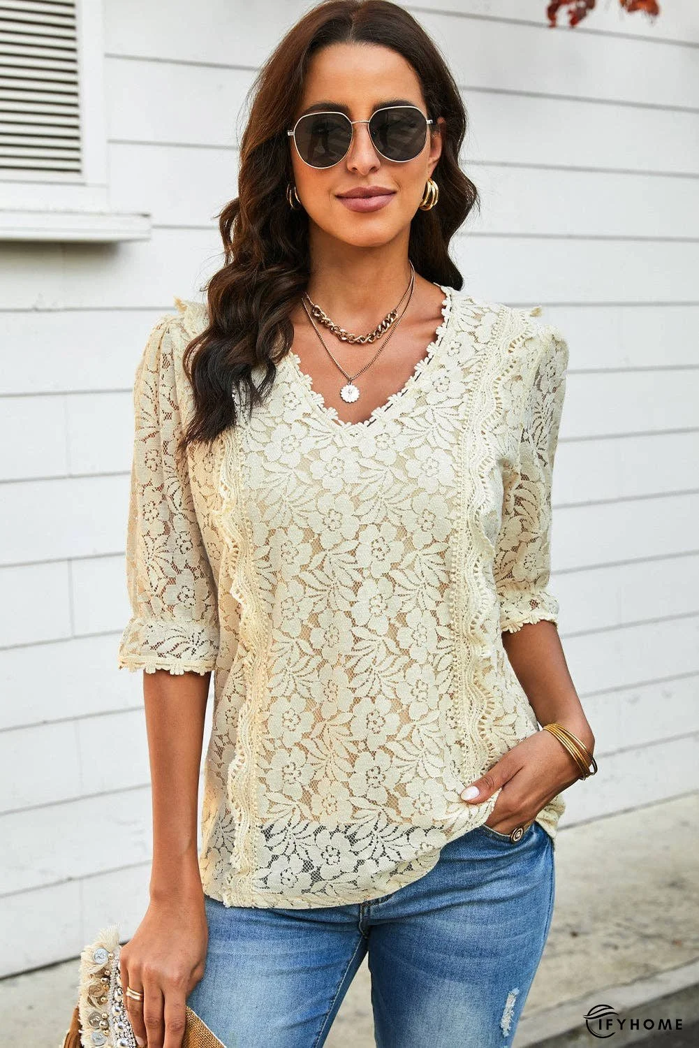 Lace V-Neck Flounce Sleeve Top | IFYHOME