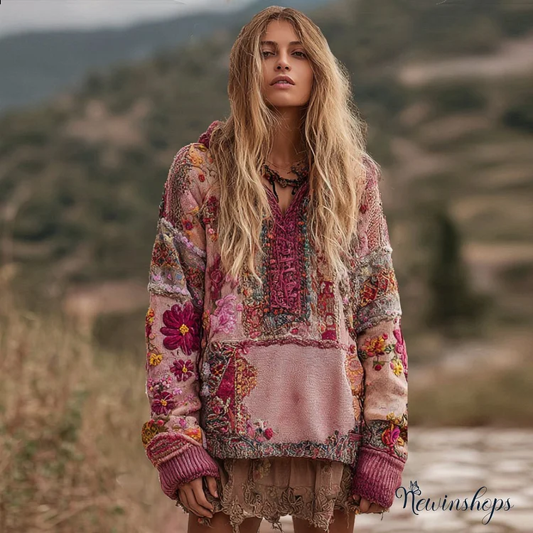 Bohemian Style Three-dimensional Flower Embroidery Light Pink Patchwork Vintage Hooded Long-sleeved Sweater
