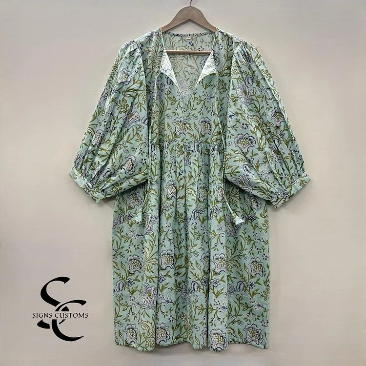 Floral Block Print Midi & Mini Dress &ndash; Deep Neck with String Closure