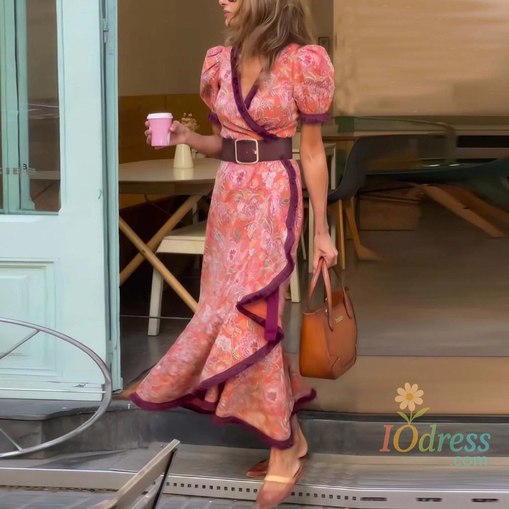 IO Dress Elegant Short Sleeve Long Dress Summer 2025 Boho Holliday Fashion Floral Print Lace Up Maxi Dresses Casual