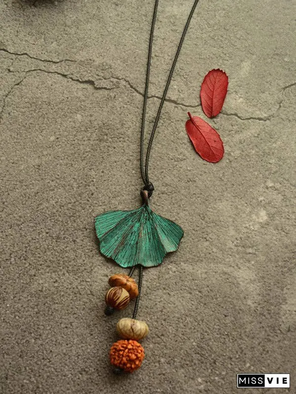Vintage Wooden Beaded Leaf Shape Necklaces Accessories