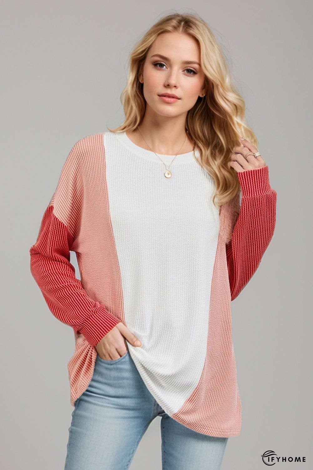 Double Take Texture Contrast Round Neck Long Sleeve T-Shirt | IFYHOME