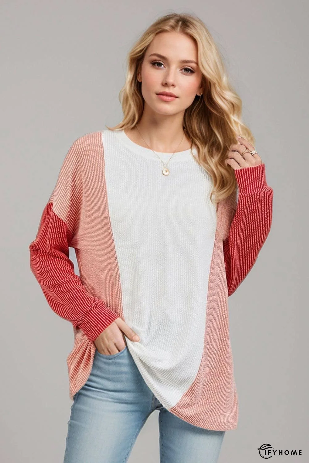 Double Take Texture Contrast Round Neck Long Sleeve T-Shirt | IFYHOME