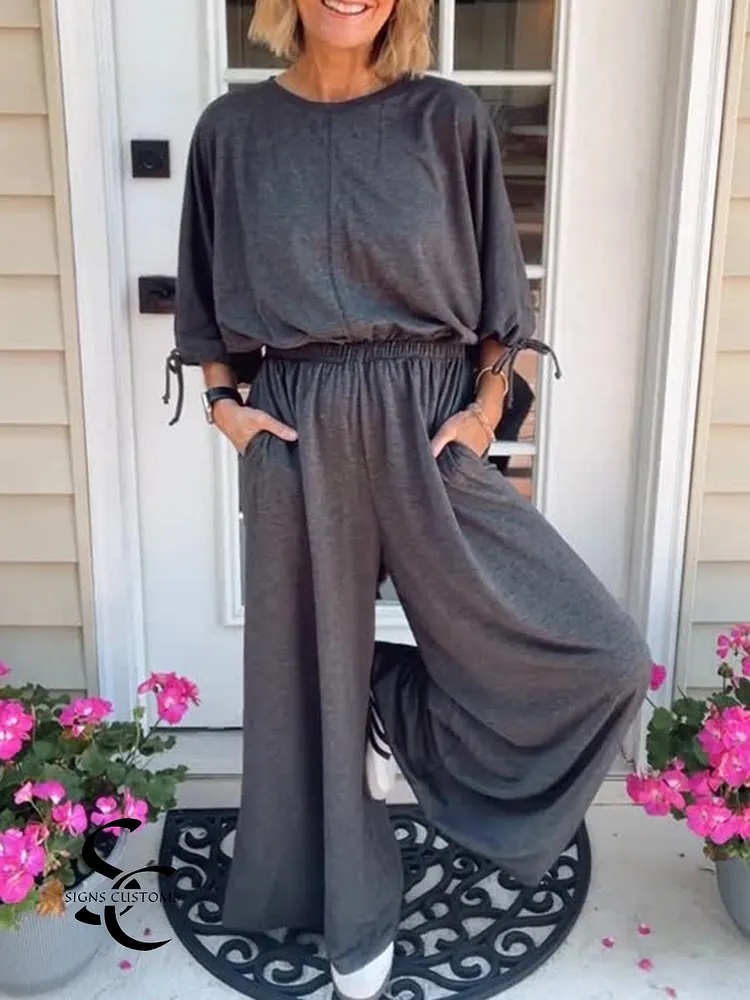 Women's Soft Cotton Casual Cuff Tie Solid Color Jumpsuit