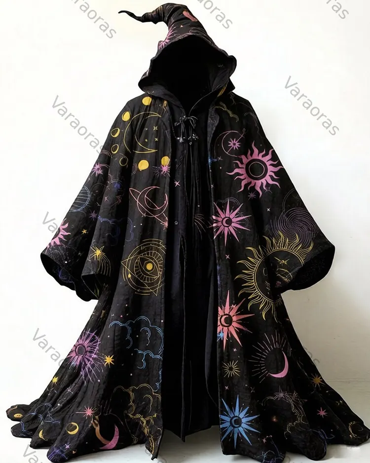 Men's fashionable hippie star and moon print cotton linen hooded cape  6434