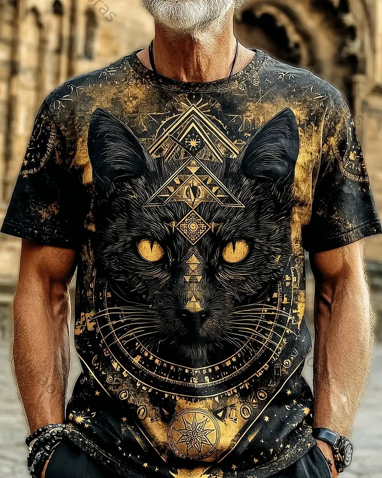 Men's Summer Style Star and Moon Print Embroidered Casual Fashion Linen Short-Sleeve Top 3825