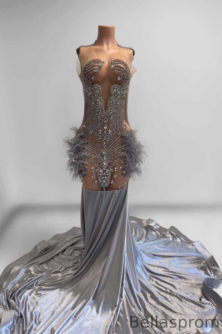 Bellasprom Silver Scoop Sleeveless Mermaid Prom Dress Beadings With Feathers Bellasprom