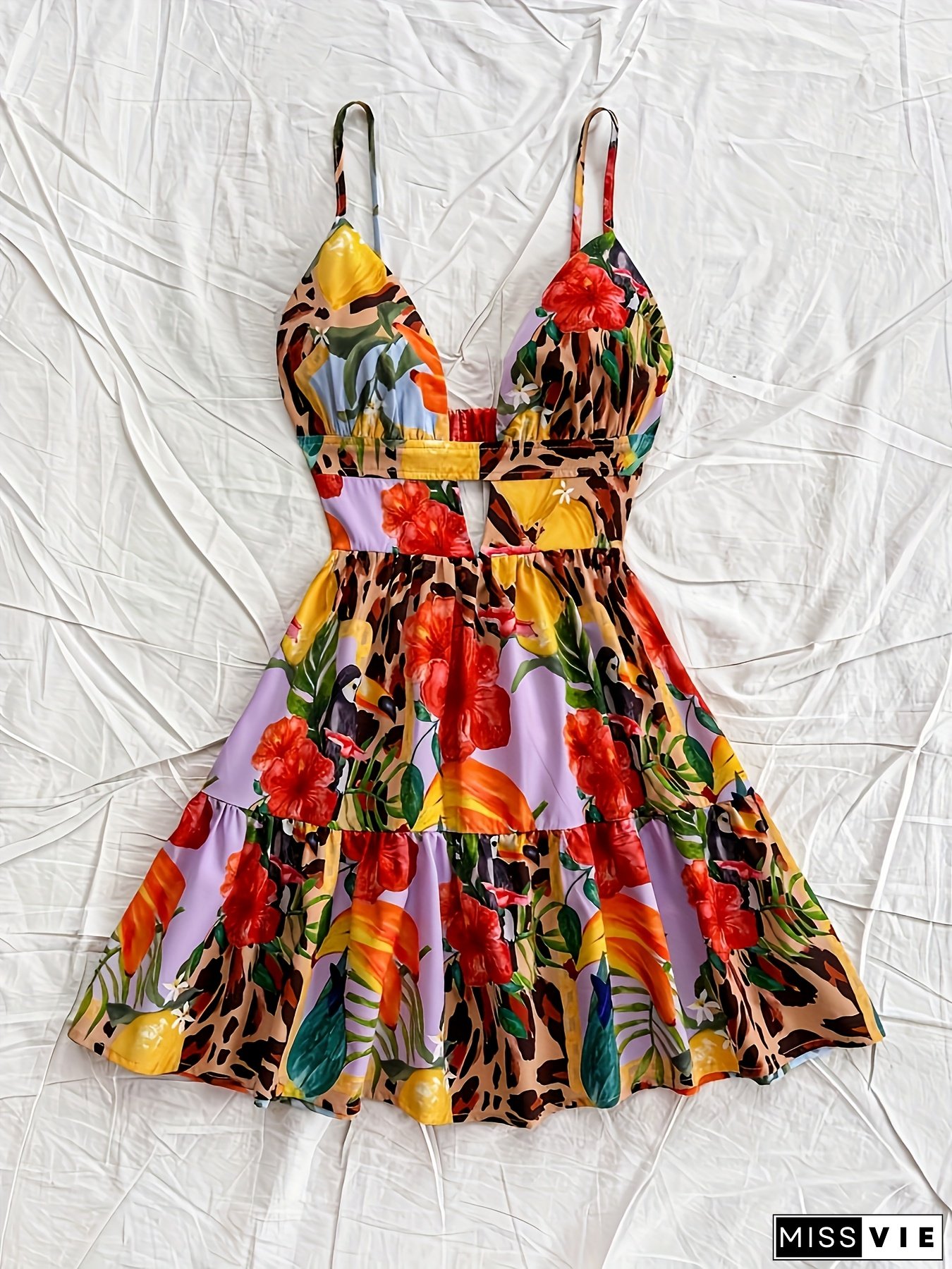 Vibrant Tropical & Leopard Print Mini Dress For Women - Sleeveless, Ruffled Hem, Polyester, Summer Beachwear With Colorful Floral & Animal Patterns, Machine Washable, Beach Dress