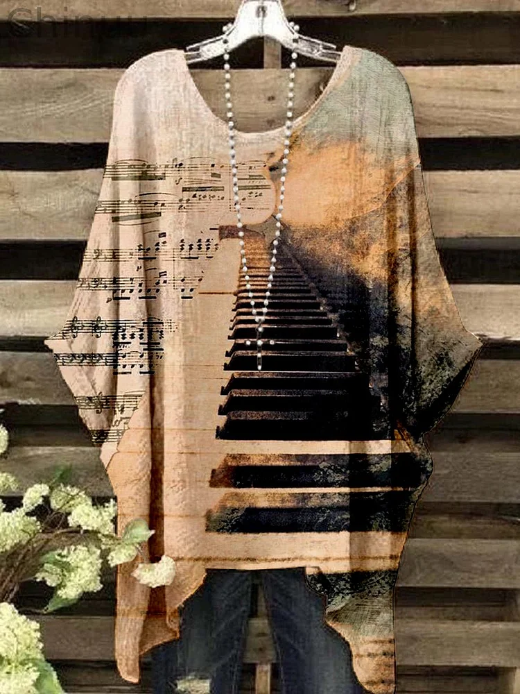Women's Retro Music Series Art Print Casual Top