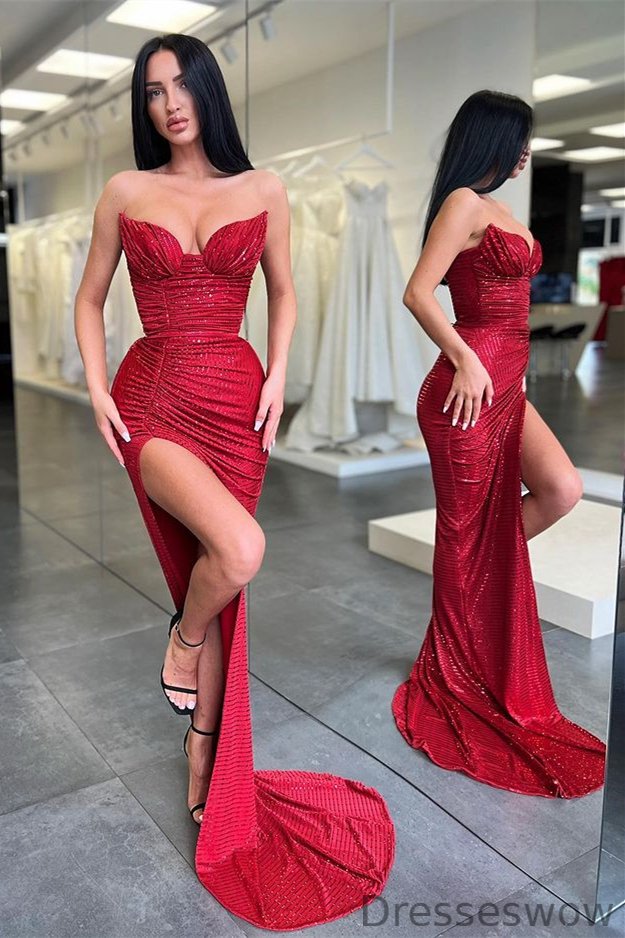 Dresseswow Burgundy Sweetheart Sequins Evening Dress Mermaid Long With Slit