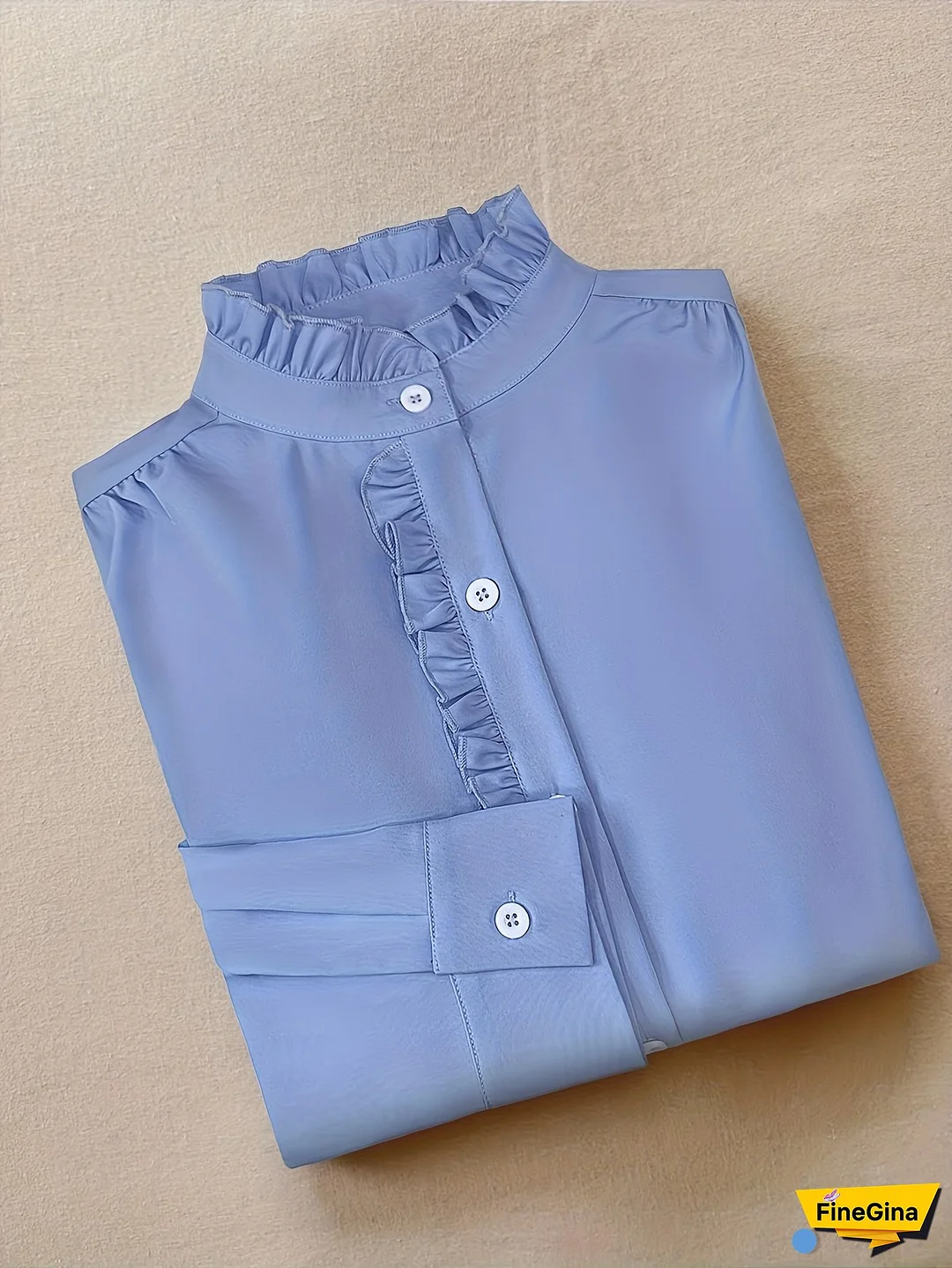 Women‘s Casual Long-Sleeve Blouse with Ruffle Details - Light Blue, Button-Up, All-Season Top for Adults, Casual Attire|Ruffle Decor Top|Smooth Texture