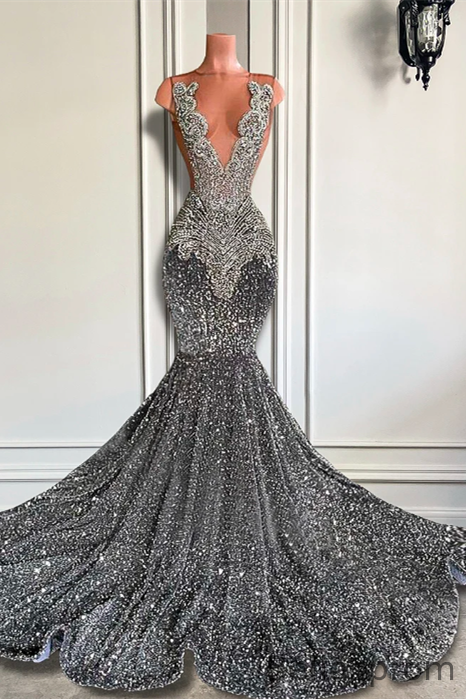Bellasprom Gray Mermaid Sequins Prom Dress Sleeveless Long With Crystals Bellasprom