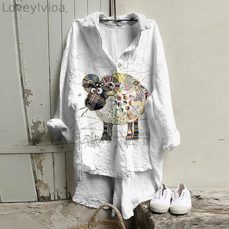 Vintage Cow Art Cozy Lapel Casual Shirt