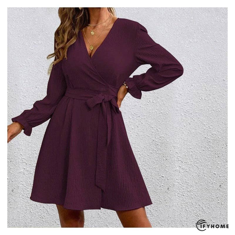 V-Neck Long Sleeves Solid Color Waist Tied Mini Dress | IFYHOME