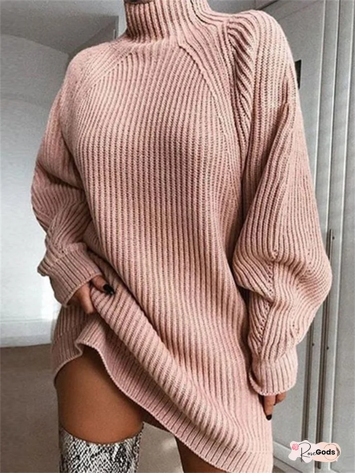 Solid Color Long Raglan Sleeve Semi-turtle Neck Dress