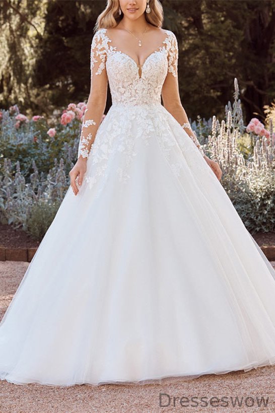 Dresseswow Long Sleeves V-Neck Princess Wedding Dress With Lace Appliques