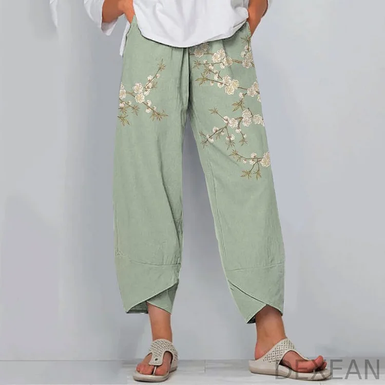 Japanese Art Flower Print Loose Casual Pants