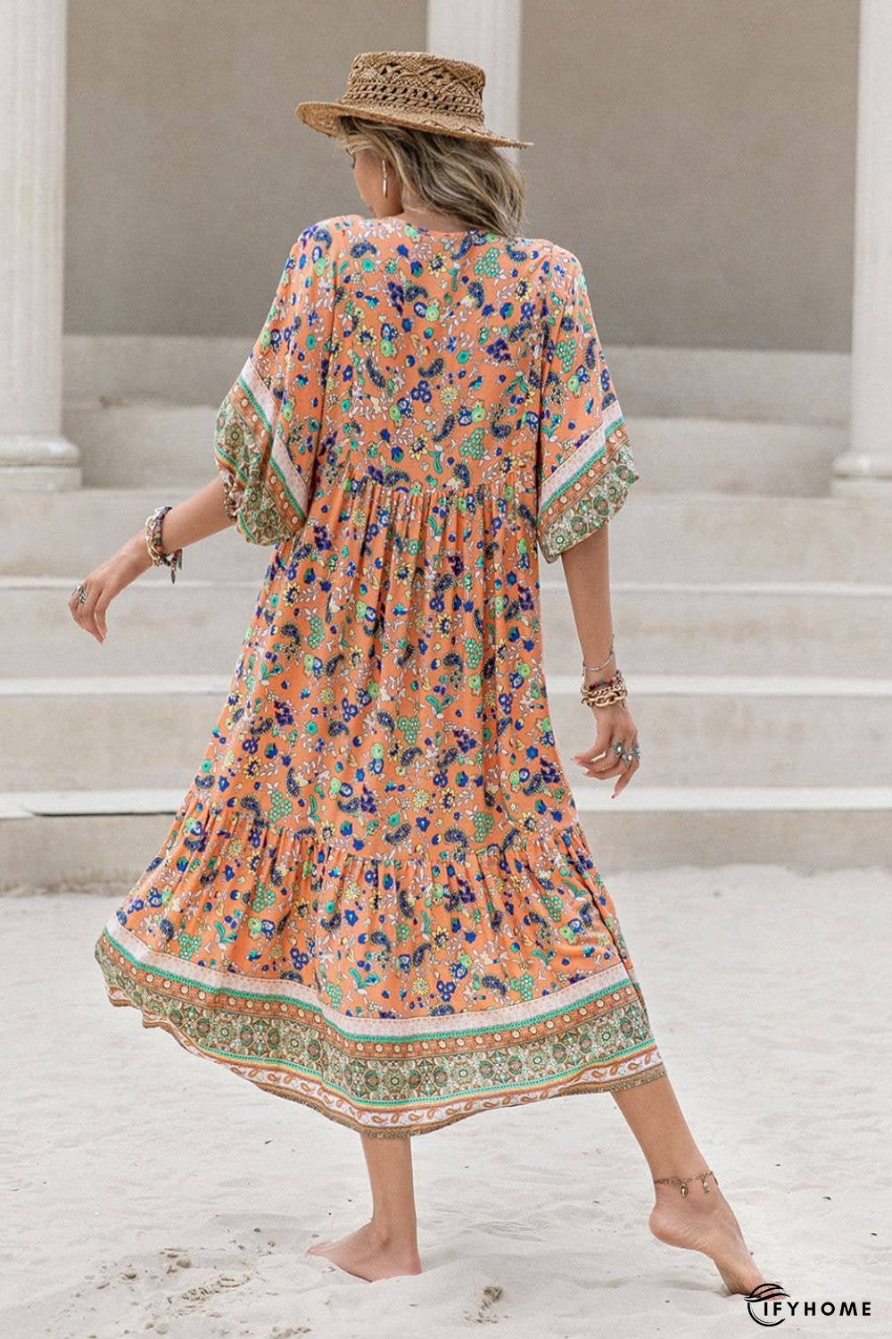 Printed V-Neck Short Sleeve Maxi Dress | IFYHOME