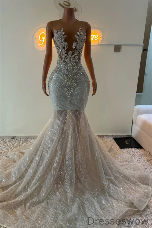 Dresseswow Silver Sleeveless Scoop Prom Dress Mermaid Long With Sequins Beadings Crystals