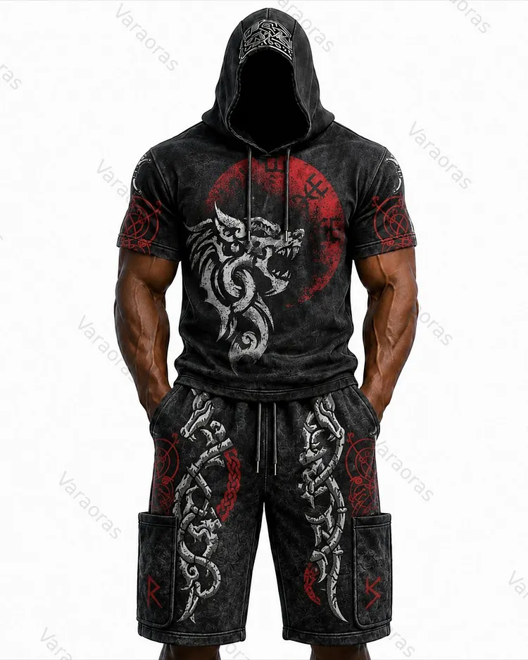Men's Viking Color-Block Embroidered Hooded Short-Sleeved Top and Shorts Set 6796