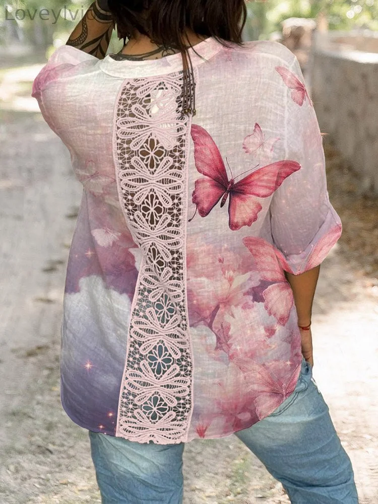 Women's Elegant Lovely Butterfly Art Print Casual Cotton And Linen Shirt
