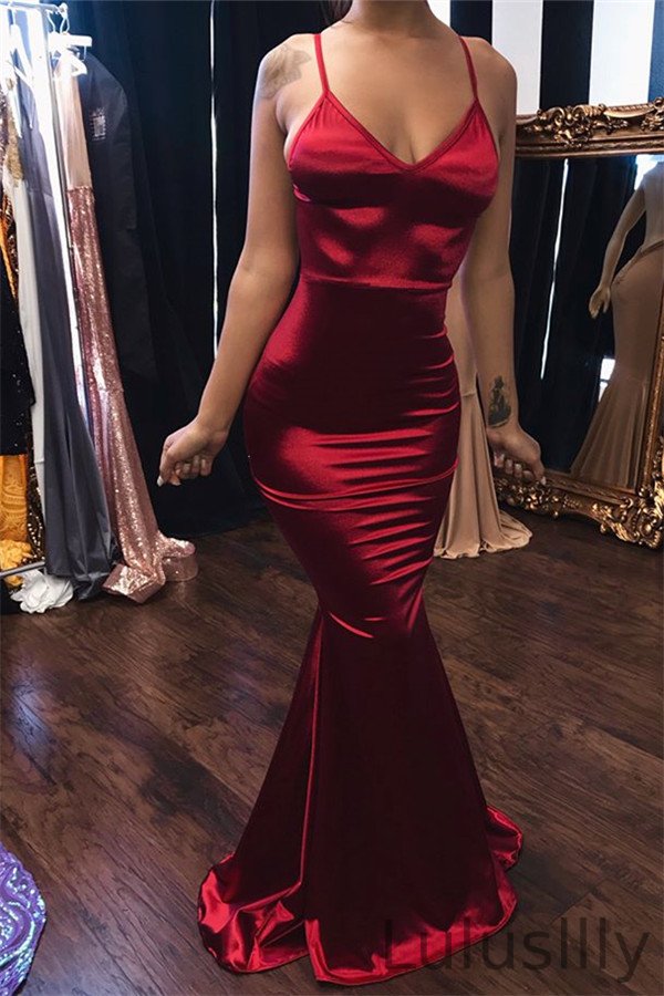 Elegant Spaghetti-Straps Mermaid Prom Dress Long V-Neck Sleeveless - lulusllly