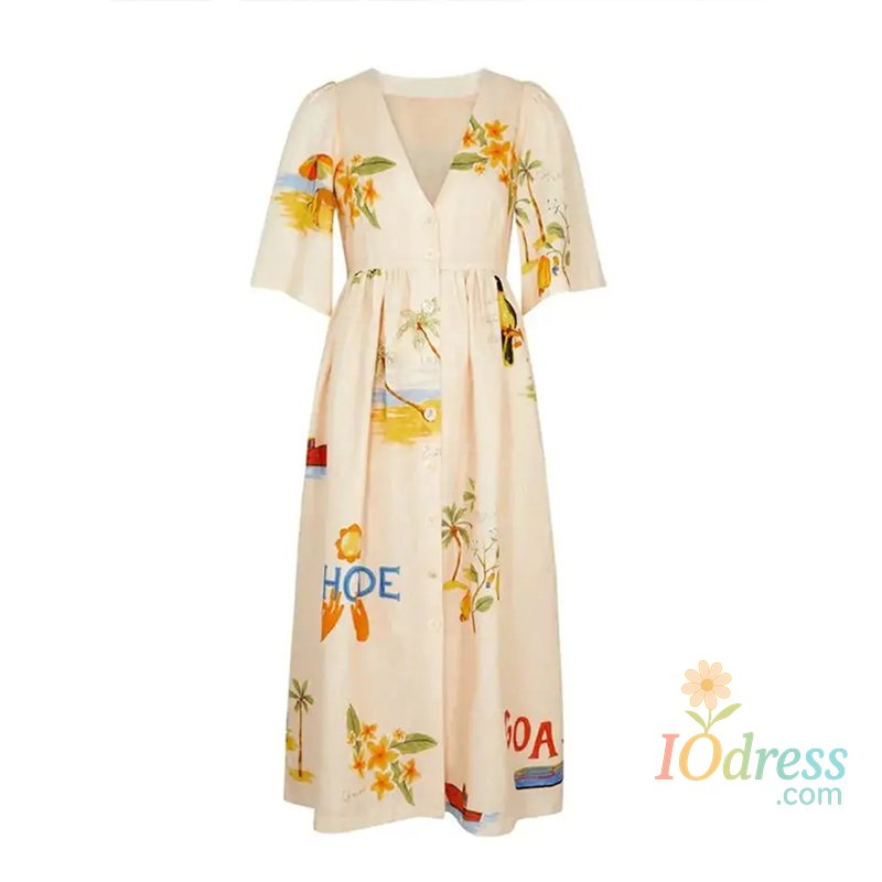 IO Dress Elegant Printed Dress Women V Neck Puff Sleeve Loose Midi Female Dresses 2024 Summer Holidays Casual Lady Beach A-Line Vestidos IO Dress