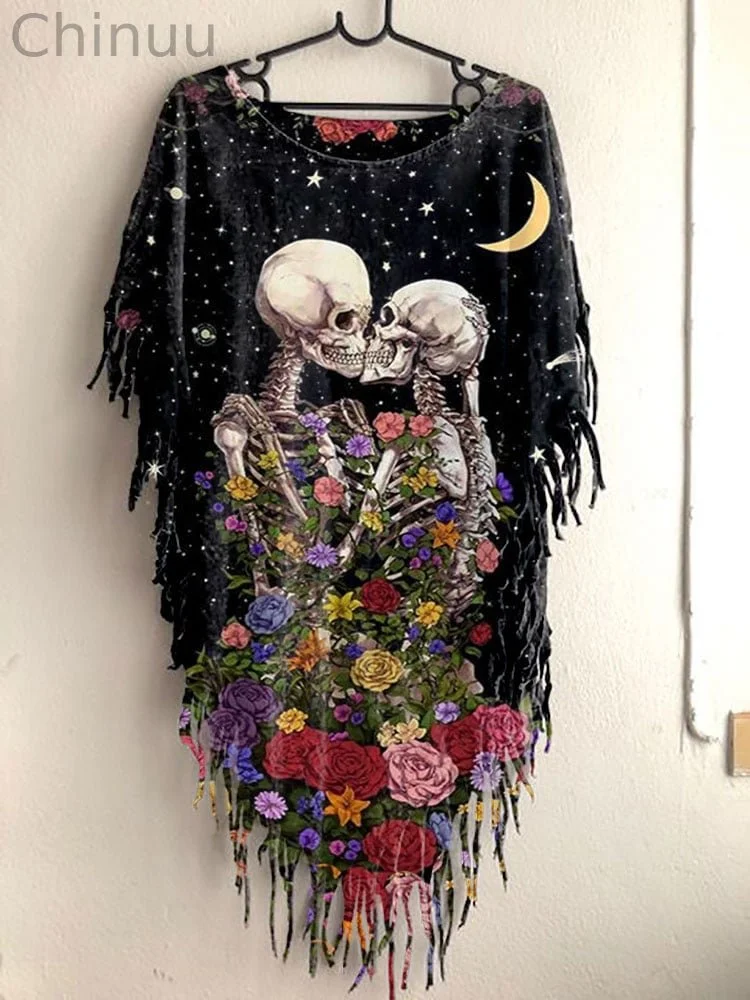 Women's Halloween Skull Kiss Print Fringe Tunic