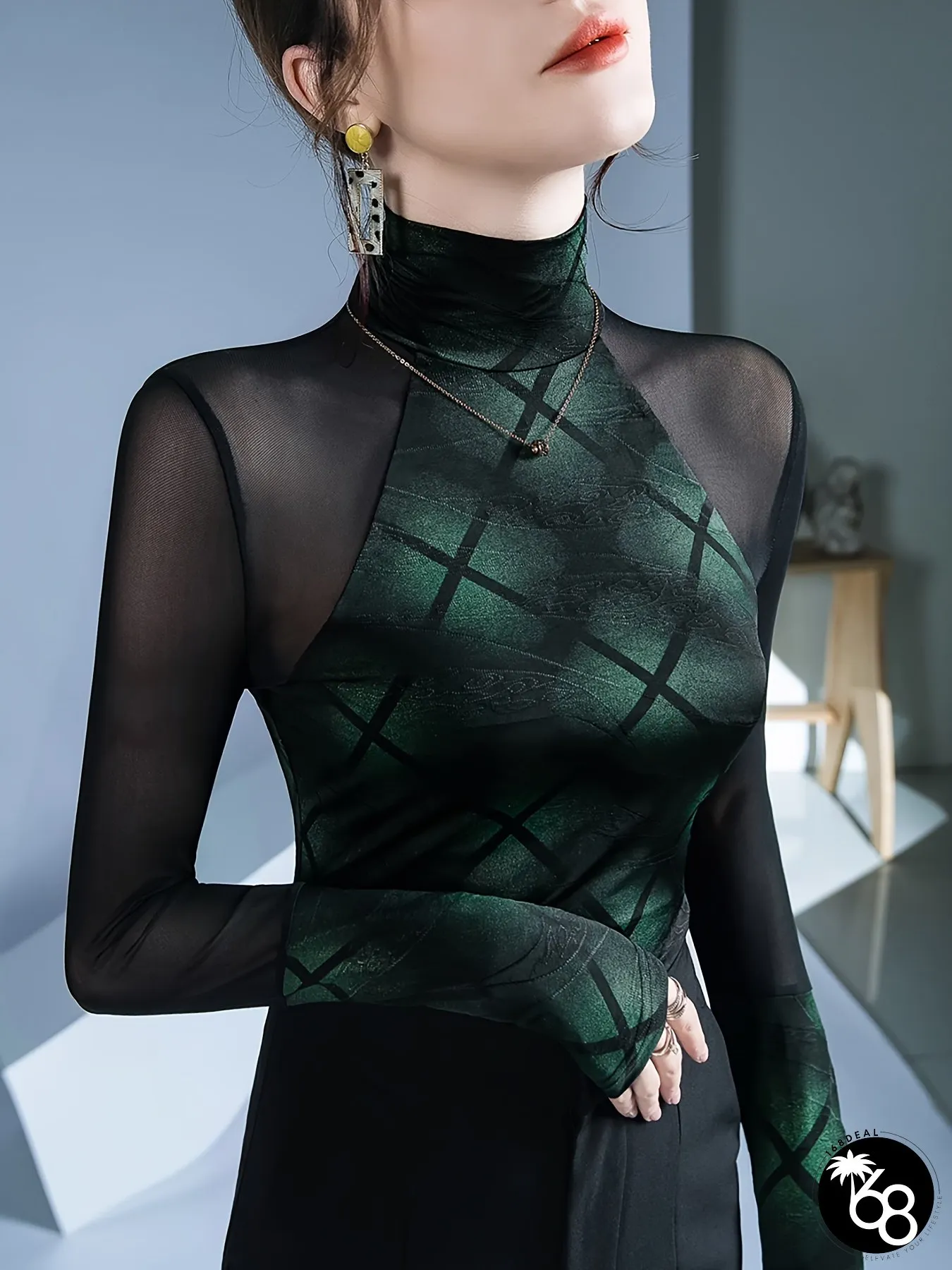 Womens Sexy Long Sleeve T-Shirt Semi-Sheer Top with Green Grid Pattern Stretchy Blouse | 168DEAL