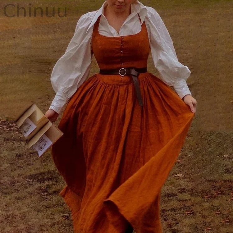 Vintage Middle Ages Rural Style Button Cotton Linen Midi Dress