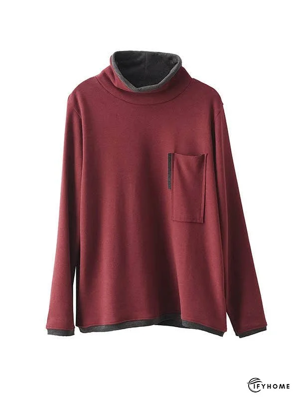False Two Long Sleeves Contrast Color Pockets High Neck T-Shirts Tops | IFYHOME