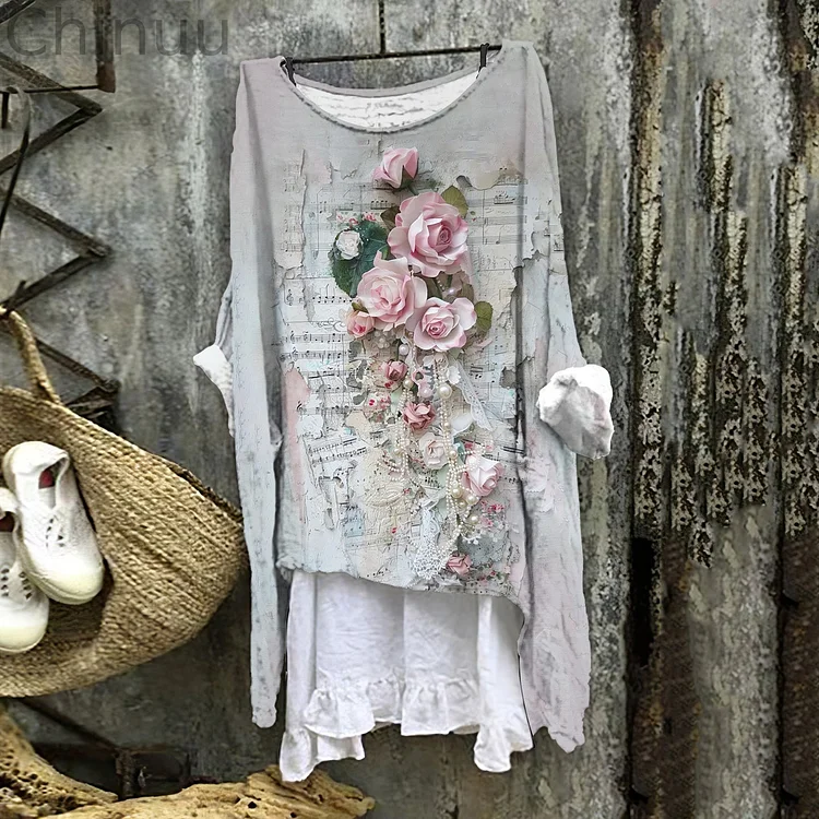 Women's Floral Musical Notes Embroidery Art Linen Blend Vintage Shirt