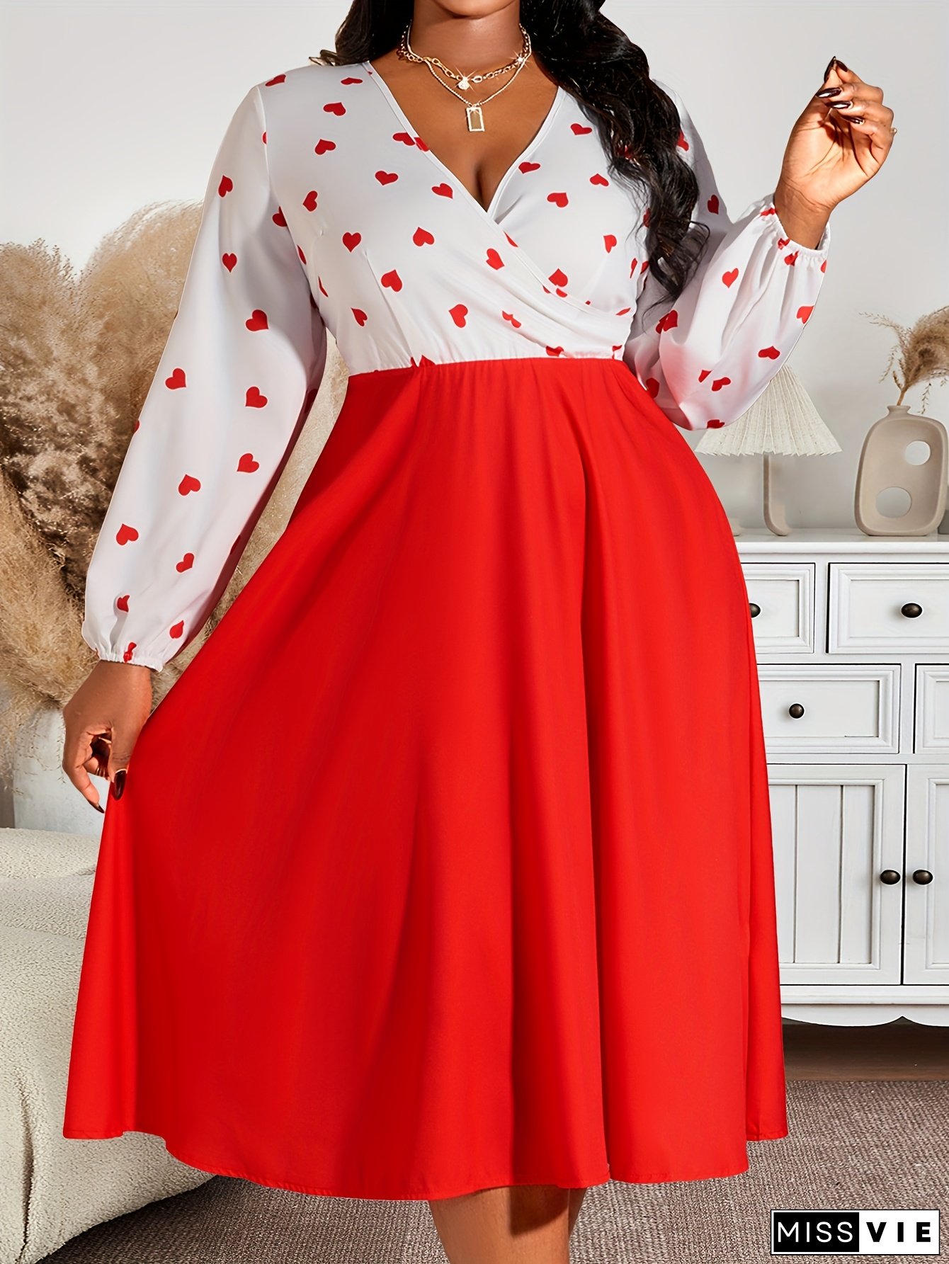 1pc Elegant Plus Size Polyester Dress - V-Neck, Long Sleeve, Heart Pattern, Cross Detail, for Mother's Day, Valentine's Day, Formal & Casual Outings - Autumn Collection