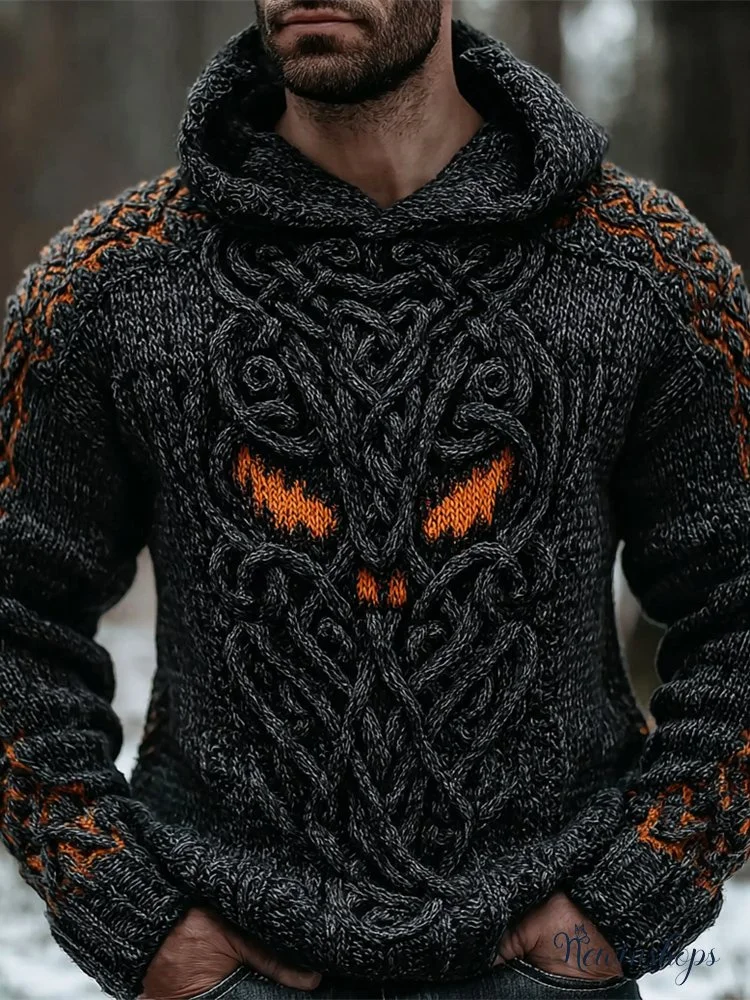 Viking Evil Pumpkin Pattern Men's Chunky Knit Hooded Sweater