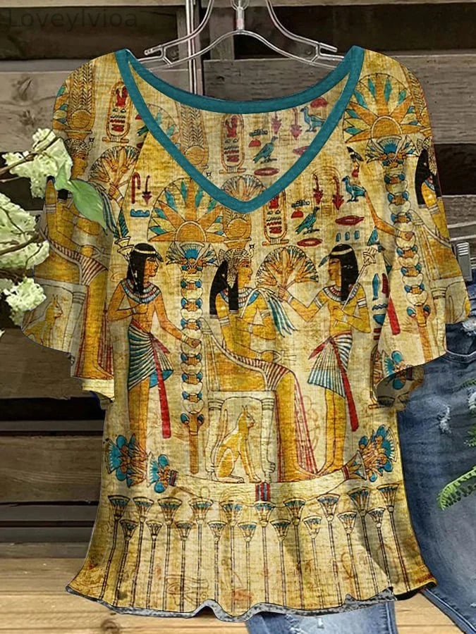 Women's Retro Print Casual V-Neck T-Shirt