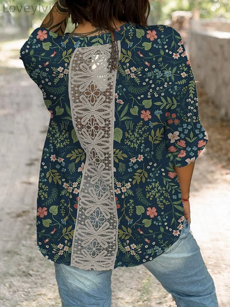 Night Botanic Garden Floral Repeat Pattern Printed Women's Casual Cotton And Linen Shirt