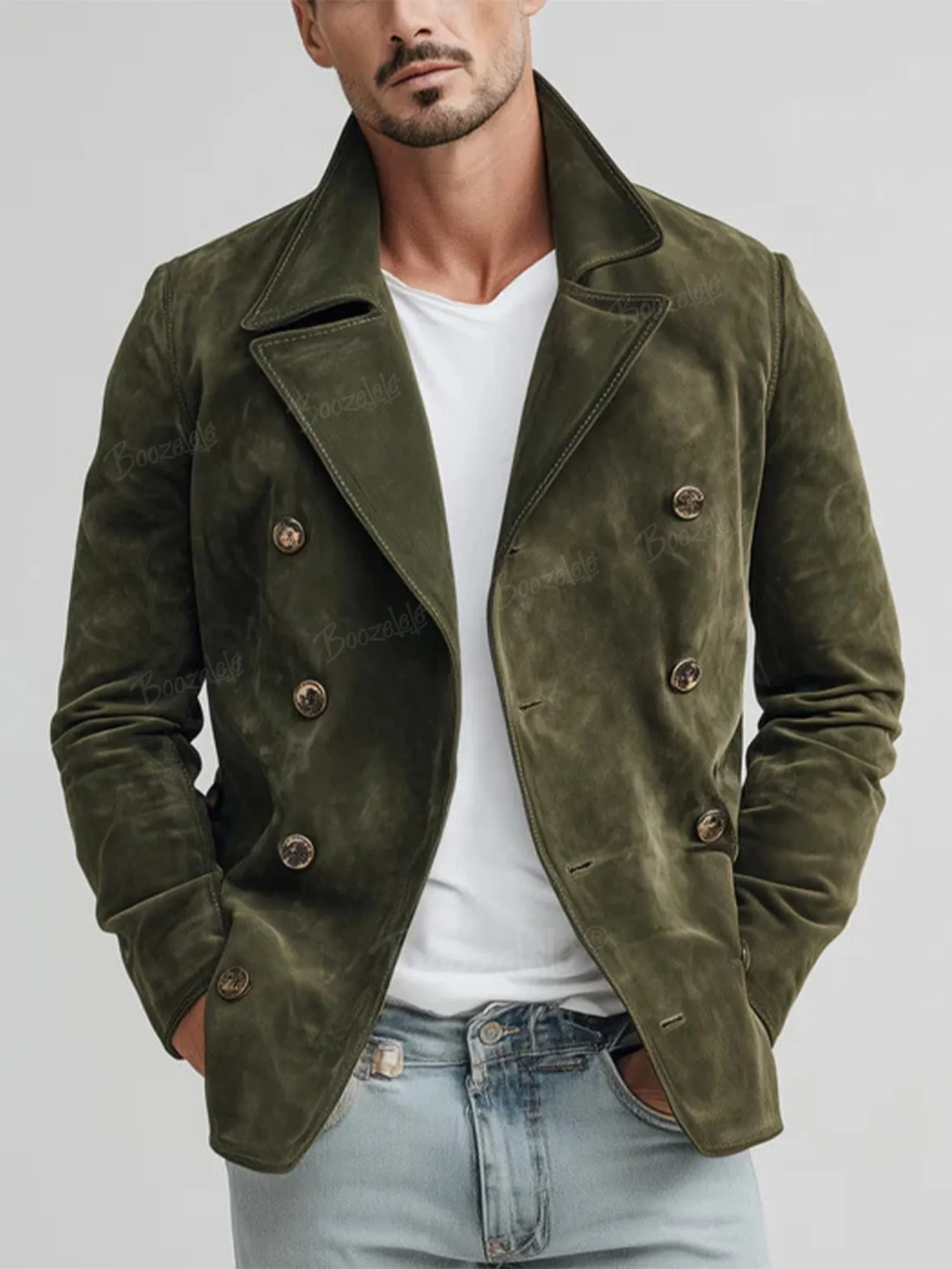 Western Style &mdash; Men'S Double-Breasted Suede Lapel Suit Jacket