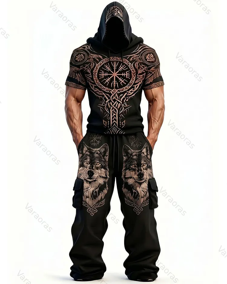 Men's Fashion Viking Contrast Color Embroidered Hoodie & Pants Two-Piece Set 4980