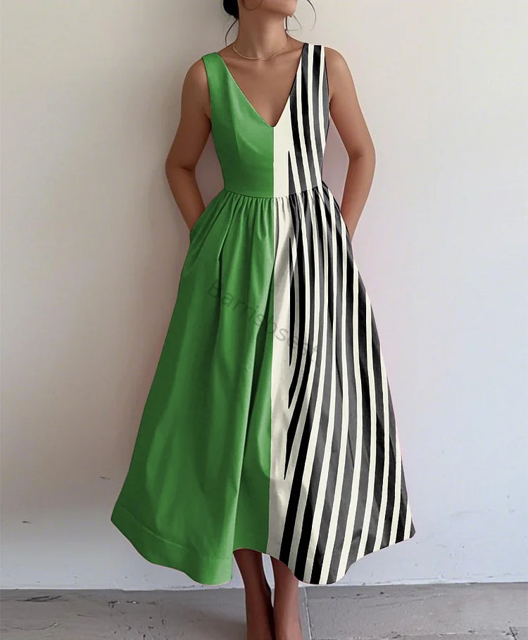 Retro Elegant Abstract Print V Neck Sleeveless Dress