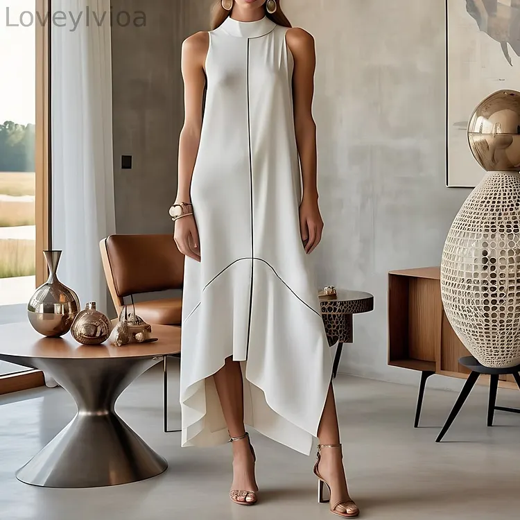 Asymmetrical Neck Cap Sleeve Maxi Dress
