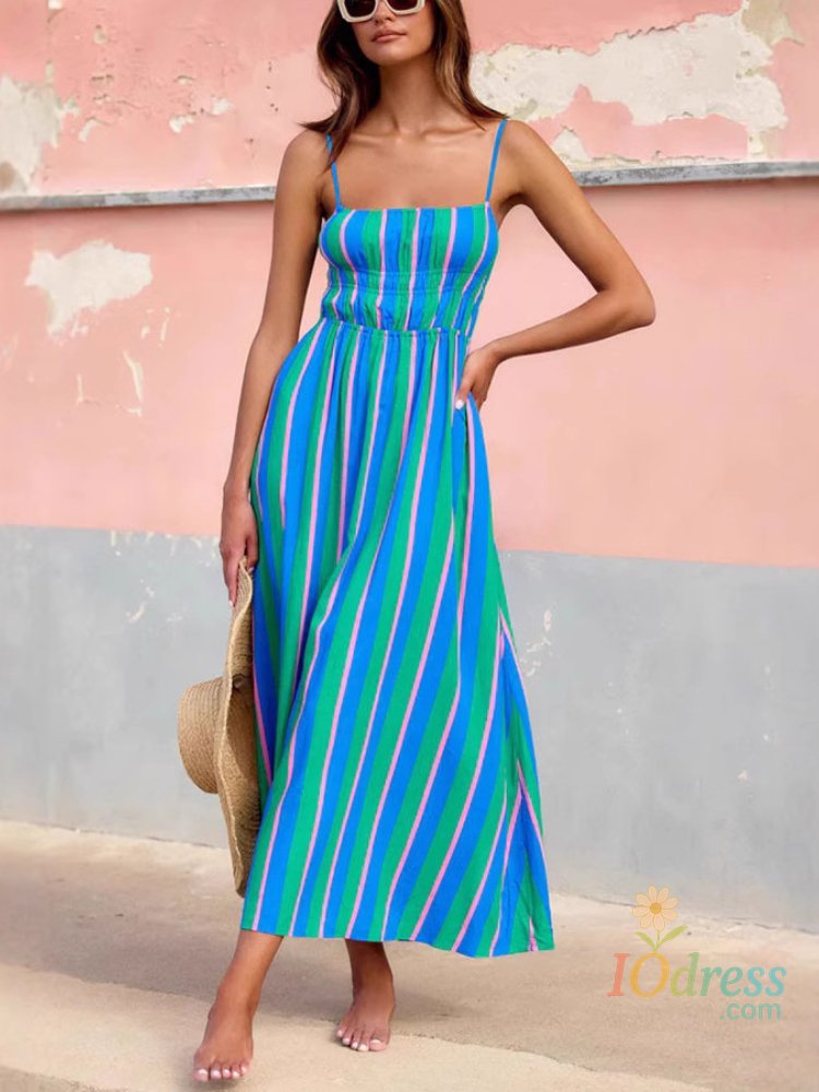 IO Dress 2025 Summer Fashion New Women's Elegant Beach Vacation Dress with Strap Printing Stripe Casual Long A-line Dress IO Dress