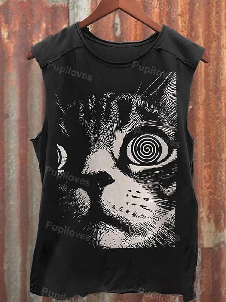 Pupiloves Pupiloves Psychedelic Cat Graphic Print Tank Top