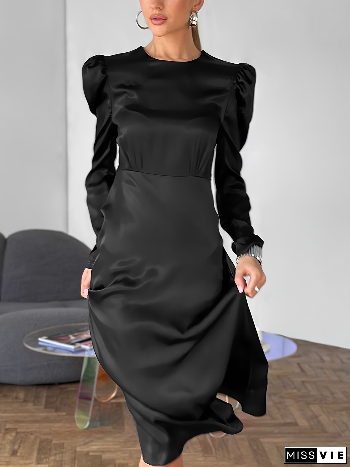 Elegant Satin Midi Dress for Women - Long Sleeve Lantern Puff Sleeves, Bodycon Fit, Crew Neck, Solid Color, Zipper Detail, Polyester, Woven Fabric, 180g/m&sup2; - Perfect for Adult Spring/Summer/Fall