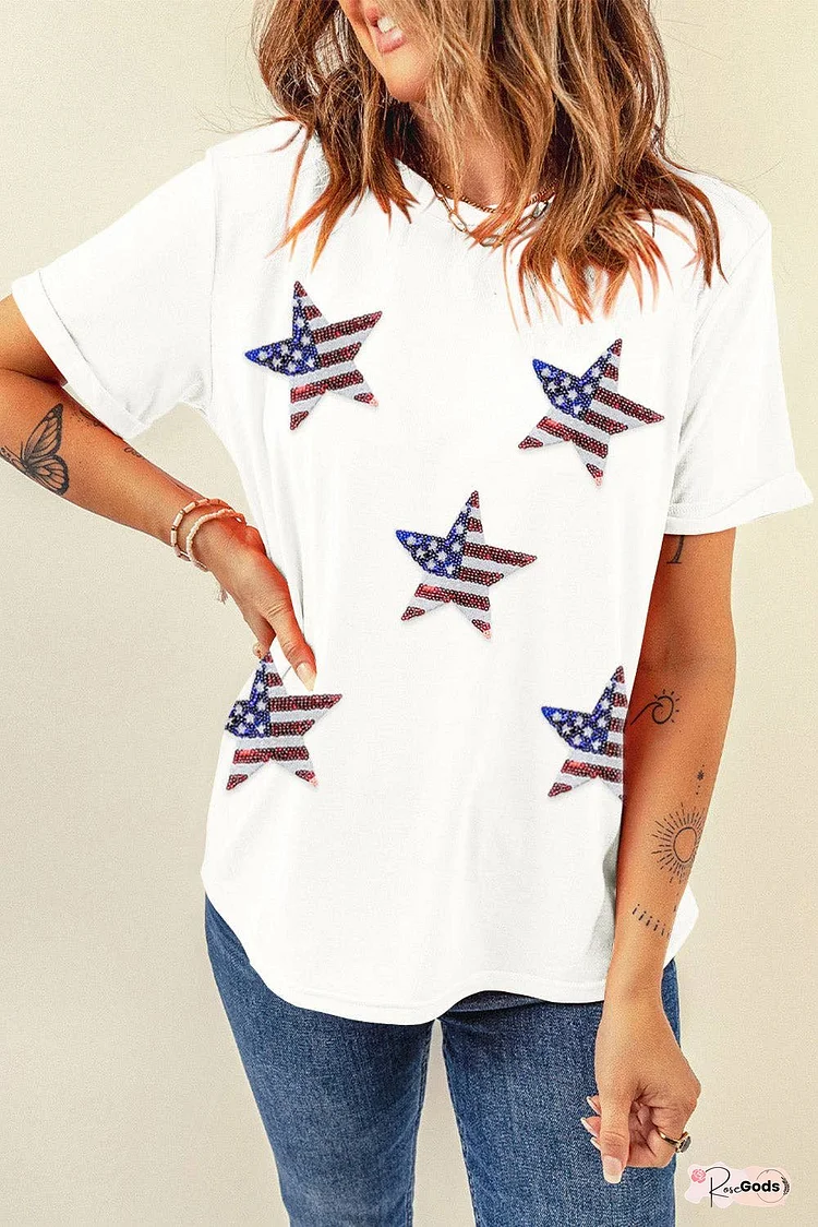 Sequin Star Round Neck Short Sleeve T-Shirt