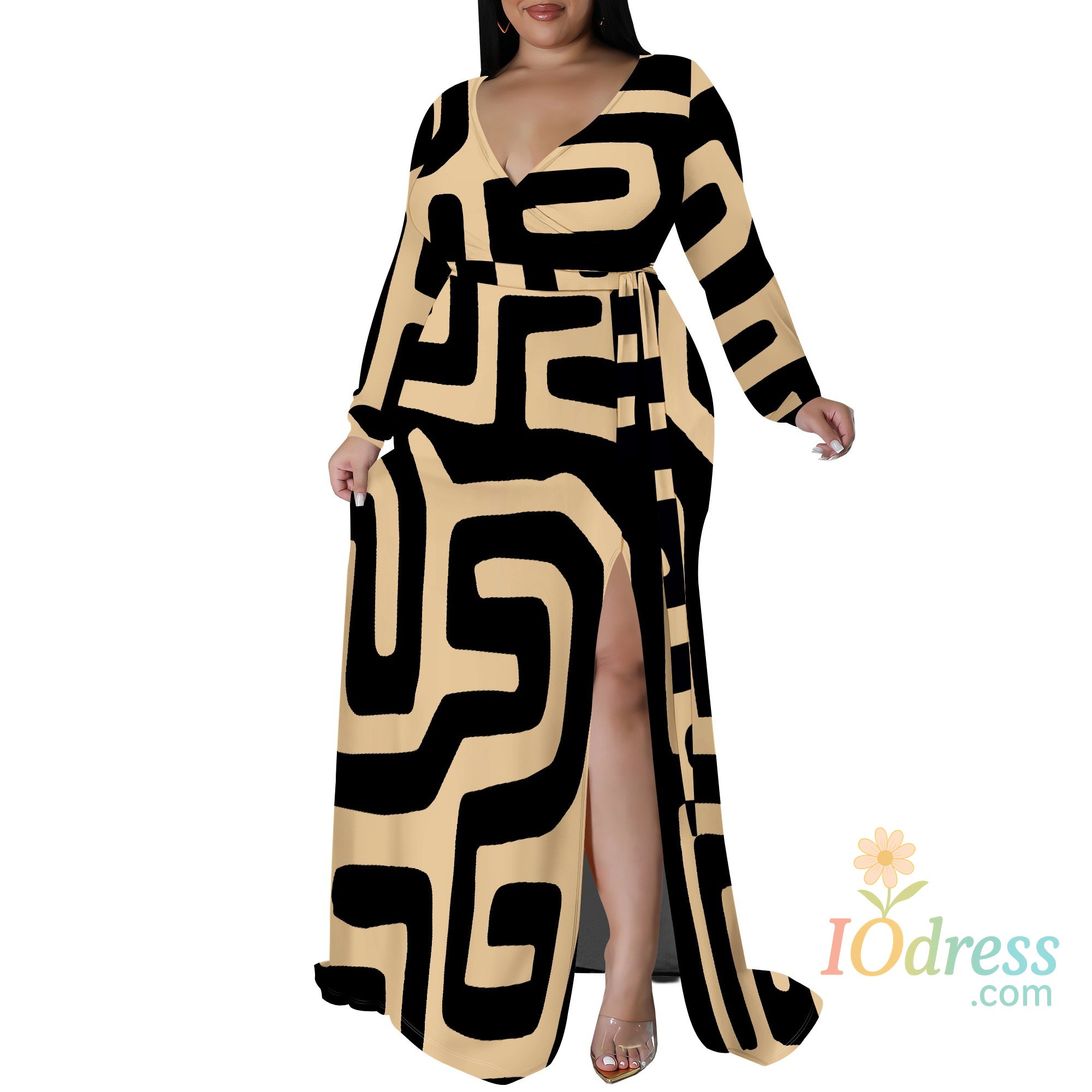 IO Dress Plus Size Long Sleeve Geometric Abstract Wrap Dress for Women, Elegant Maxi Dress with Side Slit for Party IO Dress