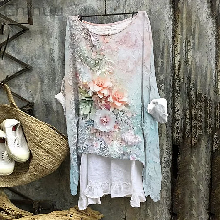 Women's Floral Gradient Art Linen Blend Vintage Shirt