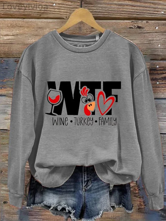Women's WTF Wine Turkey Family Print Casual Sweatshirt